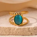 Asymmetric gold-plated open ring featuring a blue cat-eye stone and beaded texture - Blue Green (R0830)