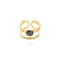 Close-up of gold plated double layer ring with chain design and cat eye stone detail - Gray Round Stone Style (R1417)