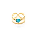 Detail of a dual-layer adjustable gold ring with a blue cat-eye stone and chain design - Lake Blue Round Stone Style (R1419)