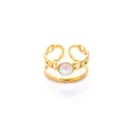 Detail of 18k gold plated adjustable ring with double layer chain and opal stone - Iridescent White Round Stone Style (R1420)