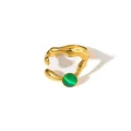 Irregular Y-shaped titanium steel ring with green cat eye stone in gold finish - Emerald Green Cabochon Style (R1480)