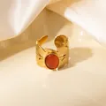 Detail of vintage gold-plated leaf ring featuring a polished oval reddish-brown gemstone - Leaf Texture Reddish Brown Natural Stone Adjustable Style (TYR1496)