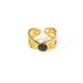 Adjustable gold titanium steel ring with hollow chain design and black cat-eye stone - Black Gemstone Style (R1472)