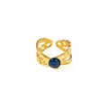 Detailed close-up of gold geometric cross ring with chain design and blue cat eye stone - Deep Blue Gemstone Style (R1473)