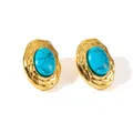 Detail of 18K gold plated titanium earrings with oval turquoise stone and textured edge - Dark Blue Oval Texture