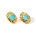 Detail of 18K gold plated earrings featuring oval turquoise stones with vintage texture - Blue Veined Oval Texture