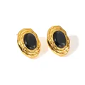 French vintage 18K gold plated titanium steel earrings with black oval onyx stone - Deep Black Oval Texture