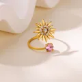 Luxurious 18k gold plated open ring featuring a crystal sunburst and pink gemstone detail - Sun Starburst Pink Stone Style (G128488)