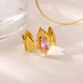 Elegant gold stainless steel open ring featuring a marquise pink zircon heart flower design - Marquise Pink Stone Geometric Style (G128631G-3)