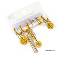 Lot de 3 paires de boucles d'oreilles en acier doré avec chiffres romains et cristaux - Ensemble Acier Chaîne Zircone Planète
