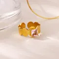Elegant gold open heart ring with a central square pink zircon stone for women - Heart Link Square Pink Stone Style (G128626G-3)