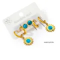 Parure de boucles d'oreilles en titane doré avec chiffres romains et fleur turquoise - Parure boucles d'oreilles soleil et turquoise en acier titane 0072