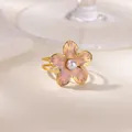 Elegant gold-tone ring featuring a pink flower petal design and a central white pearl - Five Petal Flower Artificial Pearl Style (G128179G-3)
