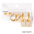 Parure de boucles d'oreilles en acier doré avec chiffres romains et pavé de cristaux - Parure carrée géométrique en acier titane 0371