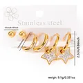 Set de 6 boucles d'oreilles en acier doré avec chiffres romains et étoiles - Parure étoile en acier titane 0370