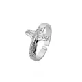 Close-up of silver crucifix cross ring with adjustable band and jesus relief detail - Silver