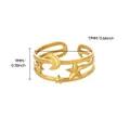 Detail view of gold moon and star ring showing 9mm width and adjustable size measurements - Three Layer Hollow Star Moon Style (G127399)