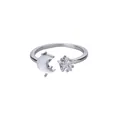Detailed close-up of silver moon and star adjustable ring with shimmering zircon inlay - Shell Moon Heart Zircon Star Style (P127505)