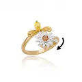 Anillo de flor giratoria con piedra amarilla de gota y pétalos de plata para el estrés - Estilo de Girasol Giratorio Bicolor (G123805G-2)