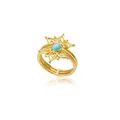Detail of a gold flower ring with a light blue round gemstone and triple-layered band - Hollow Flower Blue Stone Style (JZ1813G-T) / Gold