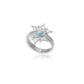 Macro detail of silver floral ring with intricate hollow petals and blue moonstone center - Hollow Flower Blue Stone Style (JZ1813S-T) / Silver