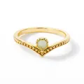 Macro view of gold V-shaped ring with round light green stone and beaded metal texture - V-shaped Beaded Light Green Gemstone Style (JZ807G-T)