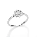 Macro shot of silver flower ring featuring a polished moonstone inlay in the center - 3D Daisy White Gemstone Style (JZ1113-T)