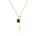 Vintage vergulde ketting met groene rechthoekige zirkoon en trendy paperclip ketting - Asymmetrische Rechthoek Groene Steen Ronde Plaat Stijl (G124305)