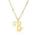 Detail view of gold stainless steel necklace with letter B and butterfly pendant charm - Letter B Style