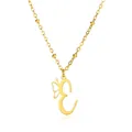 Detail of gold stainless steel necklace featuring a letter E pendant with a butterfly charm - Letter E Style