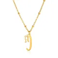 Detail of golden butterfly and letter J pendant on a beaded stainless steel chain - Letter I Style