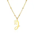 Close-up of golden necklace featuring a cursive J letter pendant and a hollow butterfly - Letter J Style