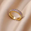 Macro shot of 18K gold plated ring with channel-set lavender baguette crystals - Pave Baguette Light Purple Style (JZ4470G-2)