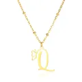 Close-up of golden stainless steel butterfly initial Q pendant necklace with beaded chain - Letter Q Style