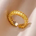 Macro shot of 18K gold plated ring featuring rectangular yellow cubic zirconia stones - Pave Baguette Yellow Style (JZ4470G-8)