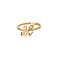 Gedetailleerde close-up van een gouden roestvrijstalen ring met een gepolijste letter H - Letter H