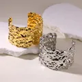 Irregular textured wide open cuff bangle in 18K gold and silver minimalist finishes - Lava Ripple Style (G9131586) / Gold