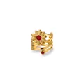 Detailed close-up of golden sunflower ring with red enamel center and wave hollow band - Sunflower Red Rhinestone Style (G9107075G-2)