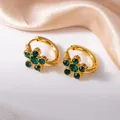 Elegant gold-plated floral hoop earrings with green zircon stones on champagne silk - Green Five-Petal Flower Style (1335)