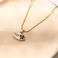 Golden snake chain necklace with white enamel sun hat pendant and tiny pearls - White Style (0532)
