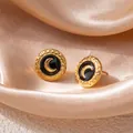 French vintage moon stud earrings in gold and black enamel with satin background - Moon Round Stud Earrings - Black (1558)