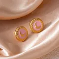Elegant gold-plated round stud earrings featuring pink enamel and a crescent moon motif - Moon Round Stud Earrings - Pink (1556)