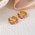 Golden huggie hoop earrings with pink pear-cut zircon on elegant champagne silk - Pink Waterdrop Style (1429)