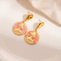 French vintage gold earrings with pink enamel cameo portrait pendant design - Orange (1602)