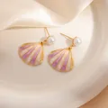 Pink and white enamel shell earrings with gold metal trim and round pearl studs - Purple And White Pattern (TYE1640)
