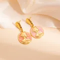 French vintage golden round earrings with pink enamel and queen portrait relief - Pink (1605)