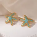 Boucles d'oreilles étoile de mer en acier inoxydable doré avec émail bleu sarcelle - Boucles d'Oreilles Clous Étoile de Mer en Émail Bleu (2173)