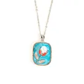 Blue enamel square pendant necklace with red flower and pearl detail on silver chain - Blue Oil Tulip-Steel Color 0240