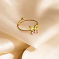 Golden butterfly open ring with light green and purple crystals on beige satin - Yellow Butterfly Style (1667)