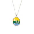 Artistic silver oval pendant necklace with landscape enamel and a white pearl detail - Oil Painting Wheat-Steel Color 0242